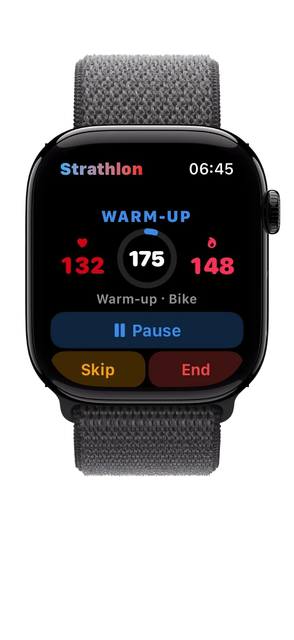 Strathlon on Apple Watch during a warm-up on the bike: heart rate 132, 148 kcal, 175 seconds left in the step, with Pause, Skip and End on the wrist.