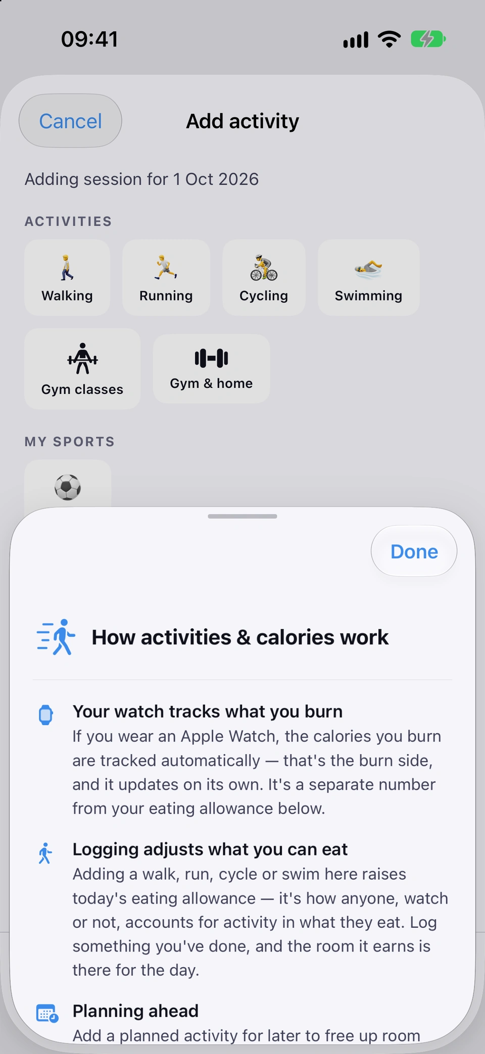 The How activities & calories work explainer sheet with its three blocks: logging adjusts eating, planning ahead, and the watch tracking burn separately.