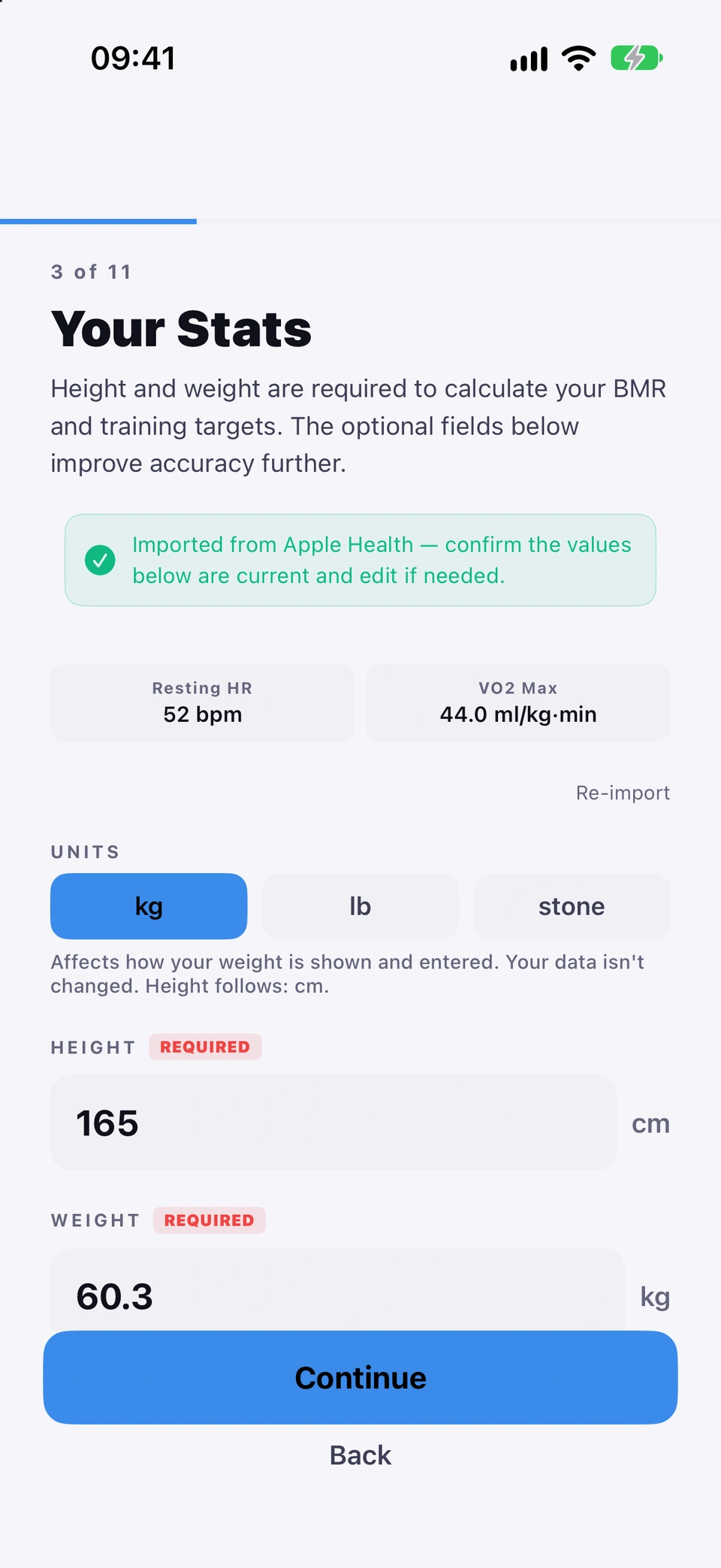 Your Stats after Autofill from Apple Health: the green imported confirmation, the resting heart rate and VO2 max read from Apple Health, and the units, height and weight below.