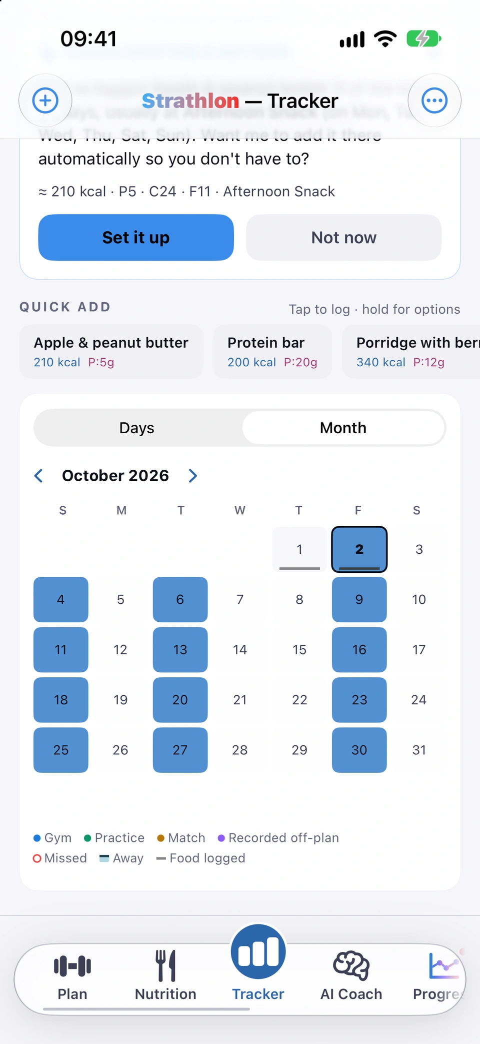 The Tracker's Month view for October: today ringed, the planned gym days ahead in colour, and the legend for gym, practice, match, recorded off-plan, missed, away and food logged.