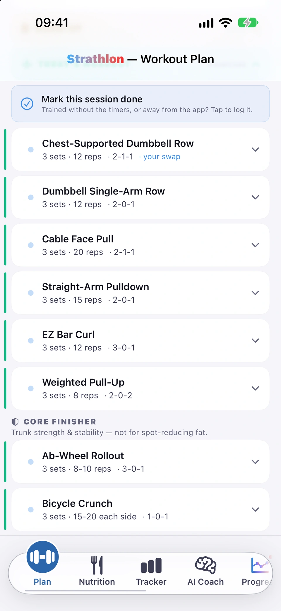 The CORE FINISHER section at the end of a strength day's exercise list, with its header and two rotating core moves.