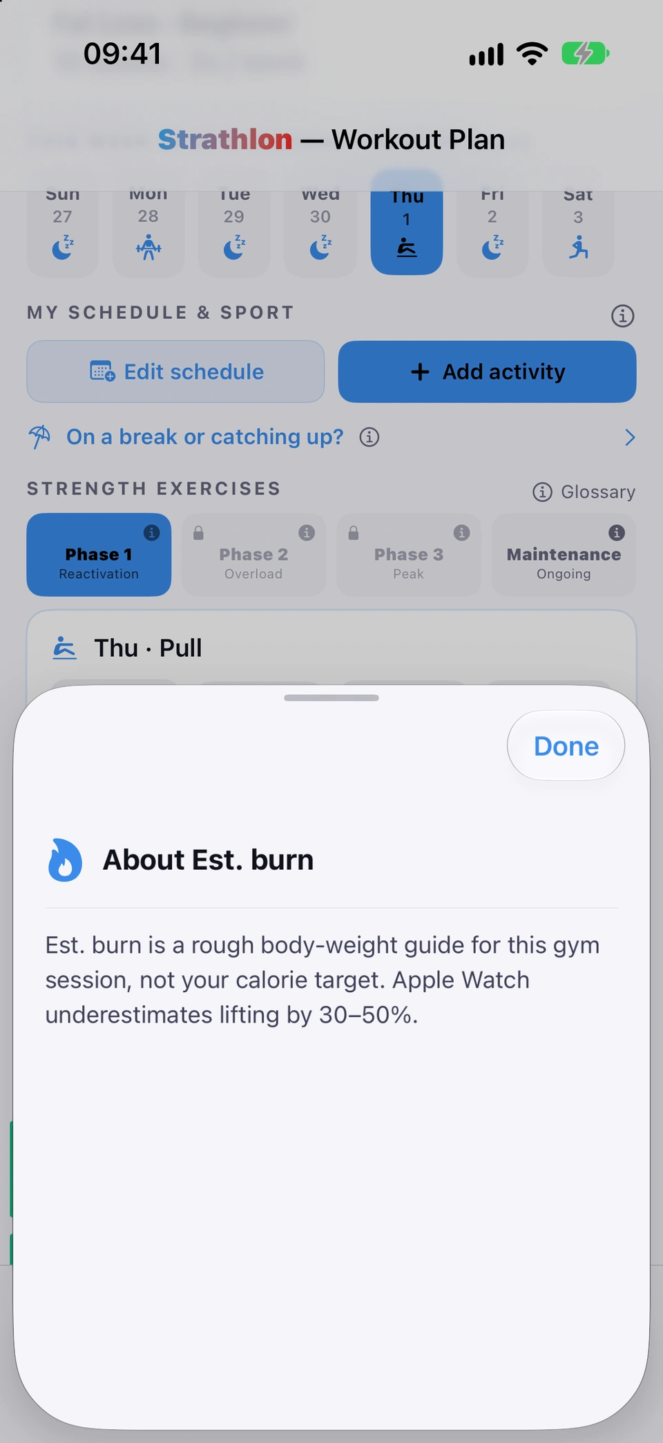 The 'About Est. burn' explainer sheet, stating the figure is a rough gym-only estimate and not a calorie target.
