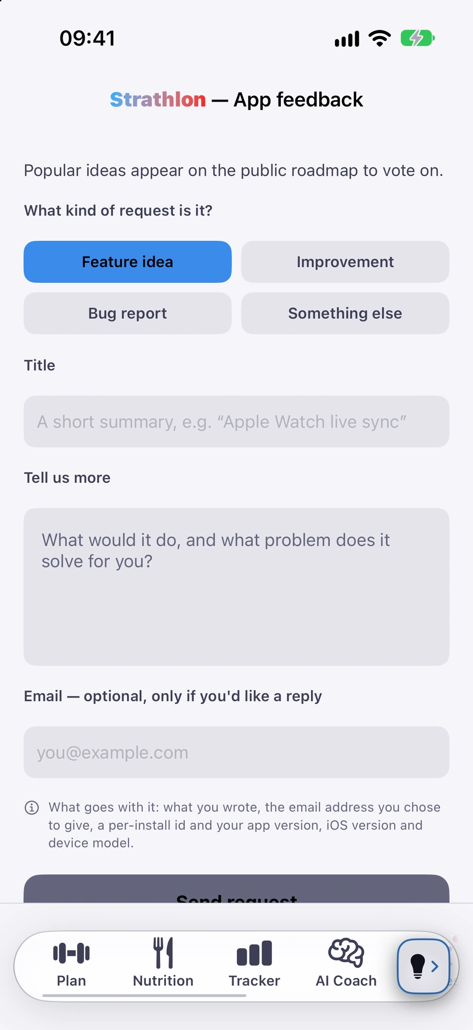 The Feedback tab: the type picker (Feature idea, Improvement, Bug report, Something else) above the title and details fields.