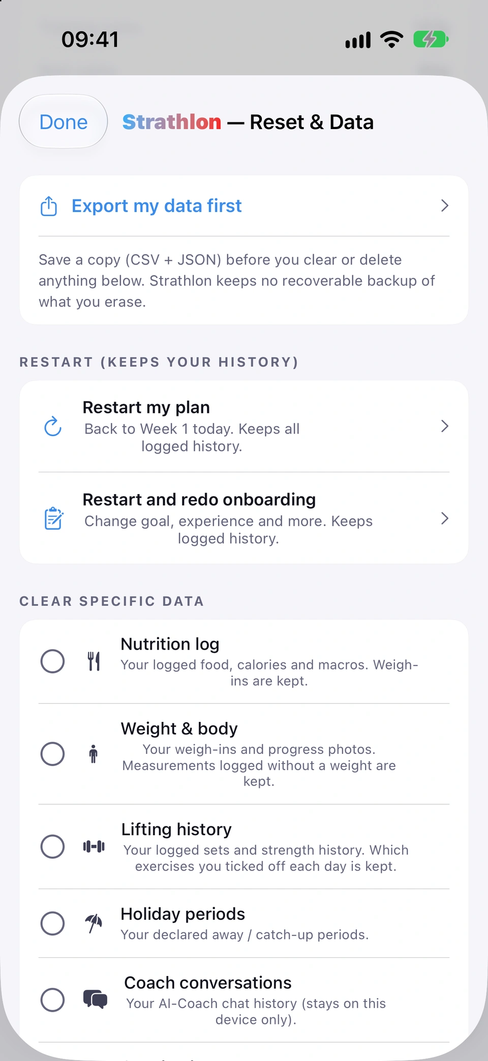 The Reset & Data screen: Export my data first card, Restart (keeps your history) card, and Clear specific data card.