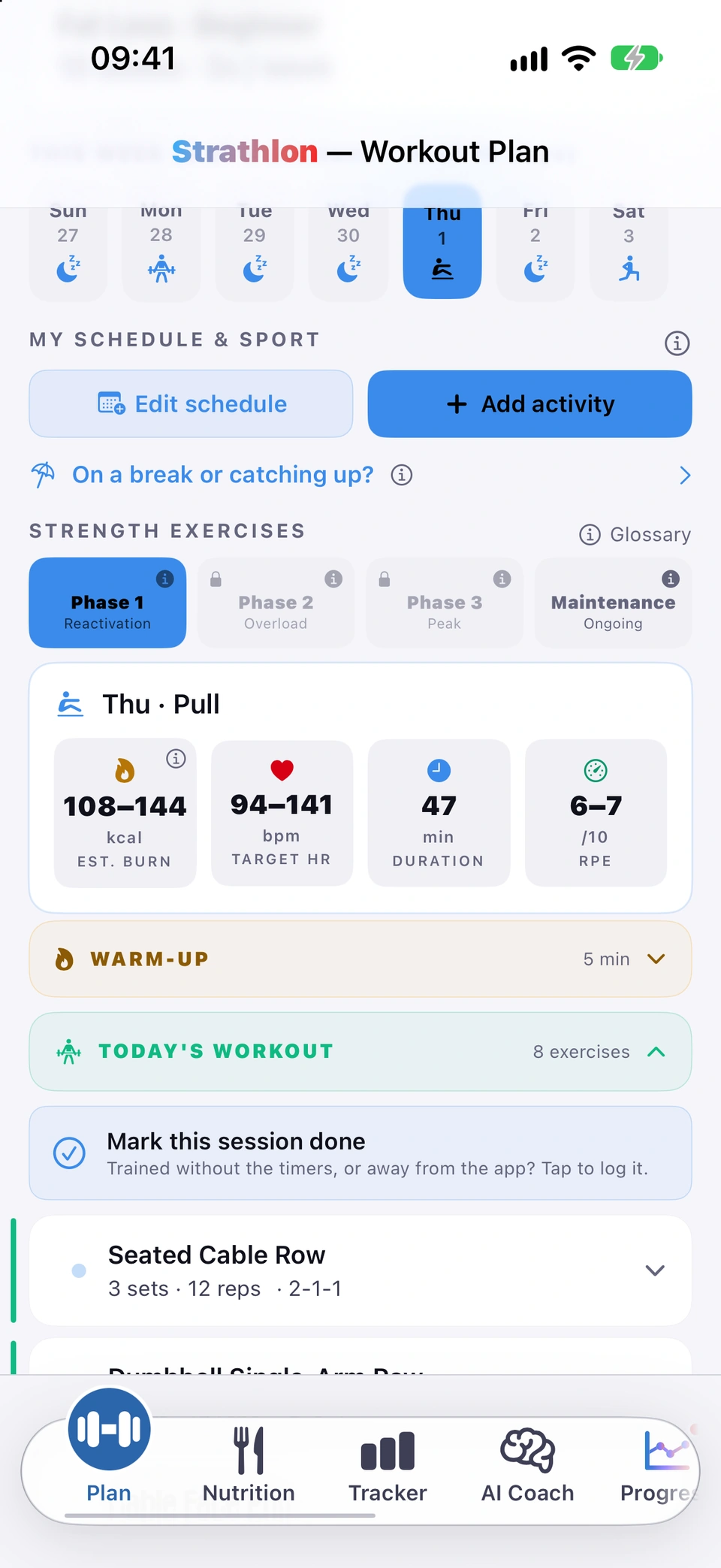 The Plan tab's session card for a gym day, with its target tiles: estimated burn, target heart rate, duration and RPE.