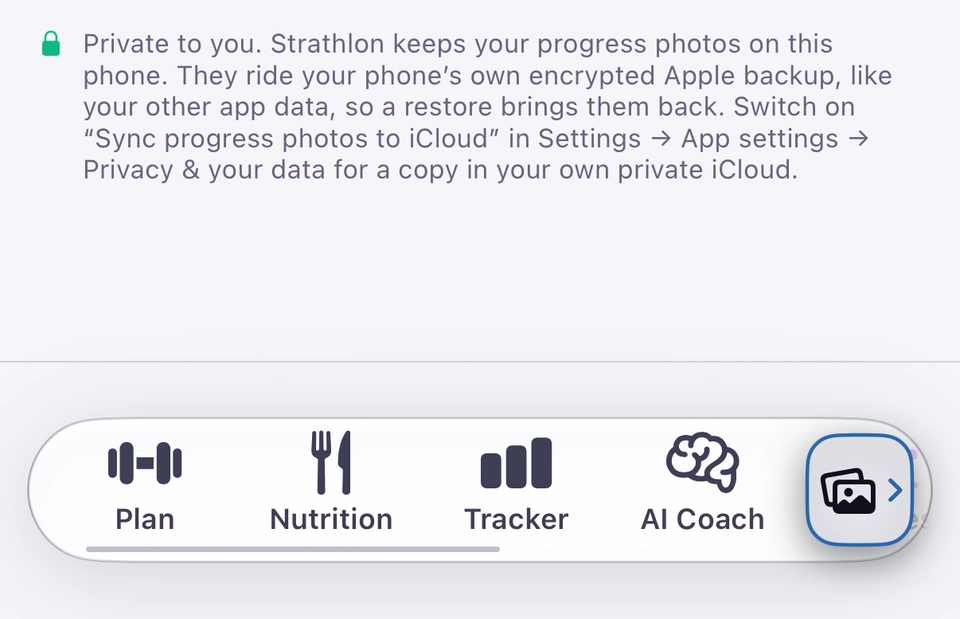 The bottom of the Photos tab, under its note that your progress photos are private to you: the tab bar shows Plan, Nutrition, Tracker and AI Coach, and a small chip with the Photos icon and a chevron is docked at the right end of the bar.