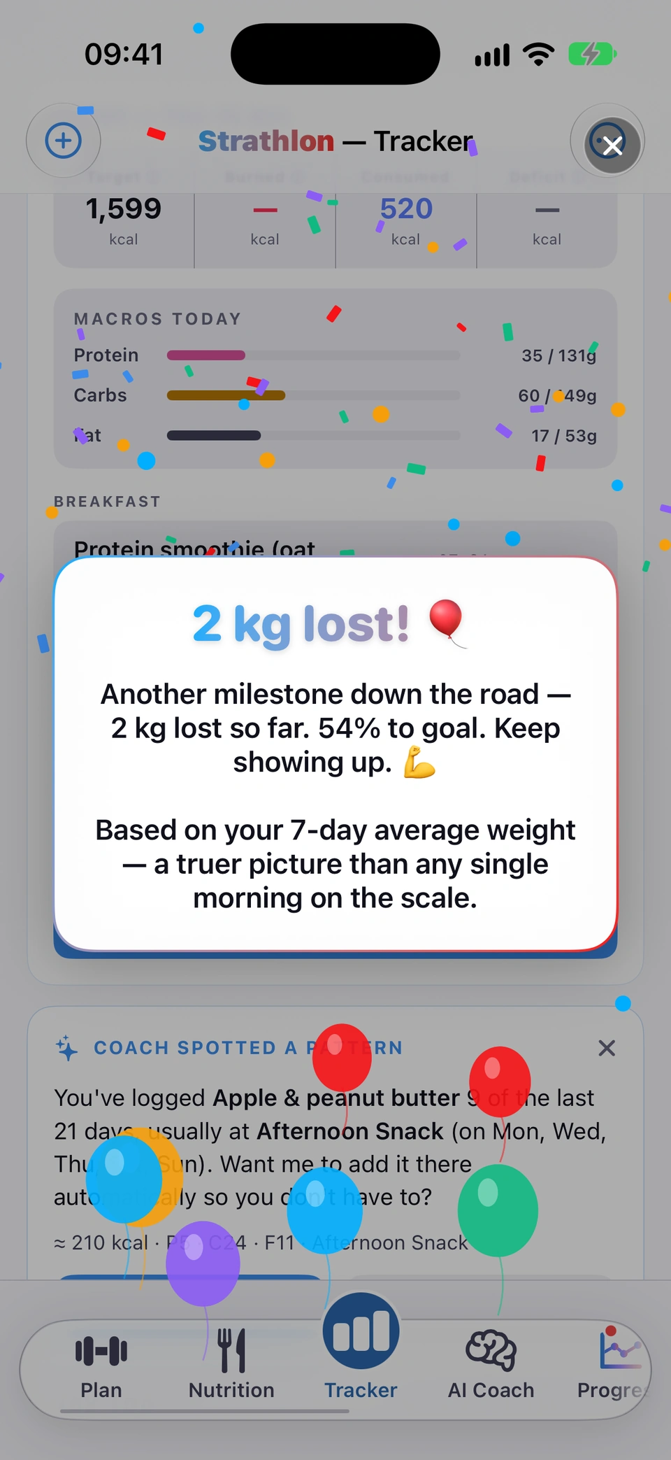 The celebration overlay over the Tracker after a milestone: a card reading 2 kg lost! with a line about the milestone, and confetti and balloons falling across the screen.