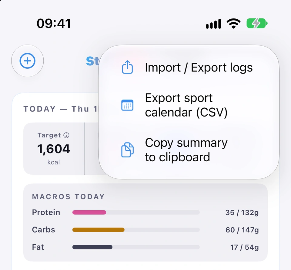 The Tracker with its ⋯ menu open at the top right, listing Import / Export logs, Export sport calendar (CSV) and Copy summary to clipboard.