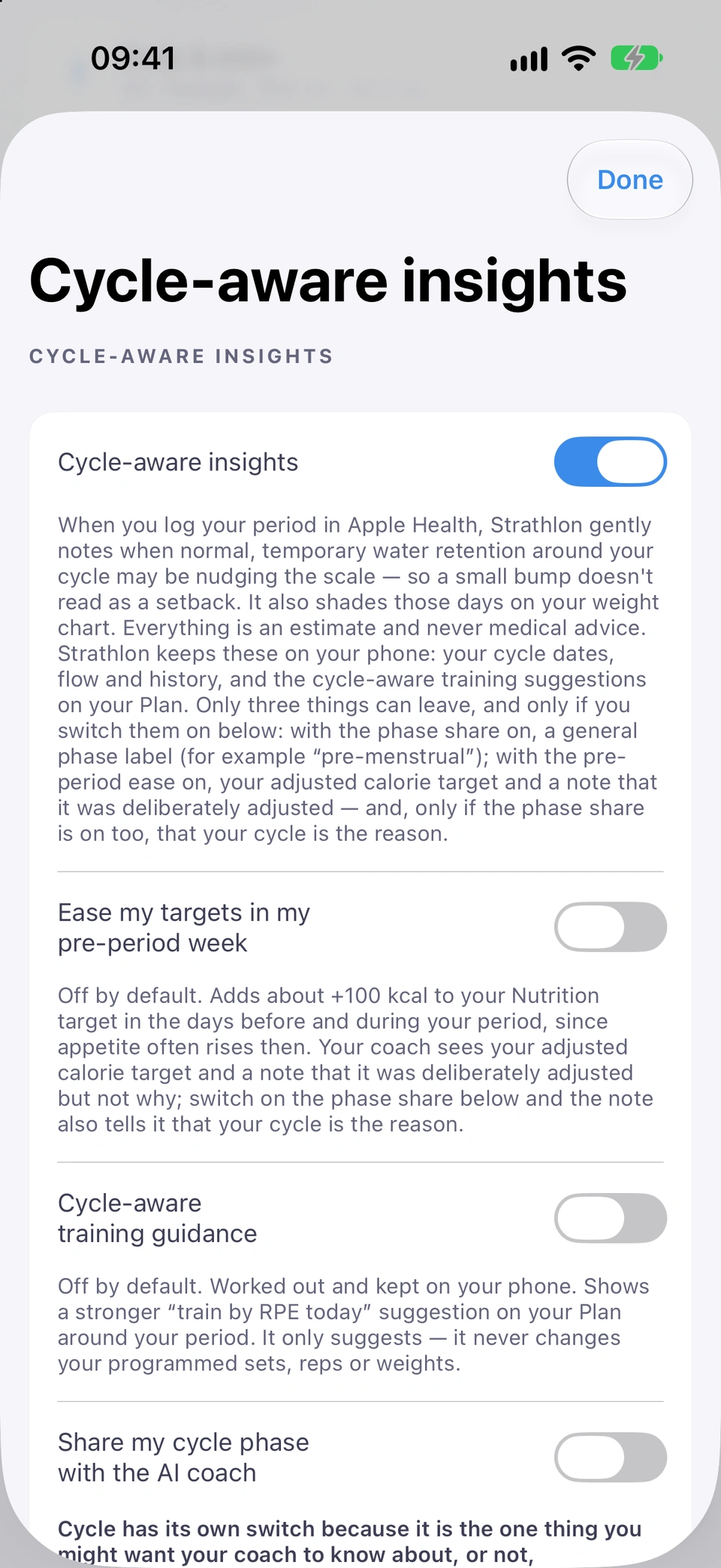 The Cycle-aware insights settings screen: the Cycle-aware insights switch on, then the Ease my targets in my pre-period week, Cycle-aware training guidance and Share my cycle phase with the AI coach switches, each with its explanation.