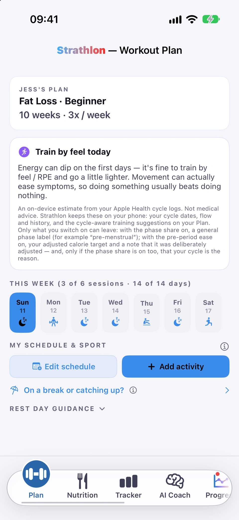 The Plan tab's Train by feel today card on a period day: energy can dip on the first days, it's fine to train by feel or RPE and go a little lighter, with a short note on how it is worked out.