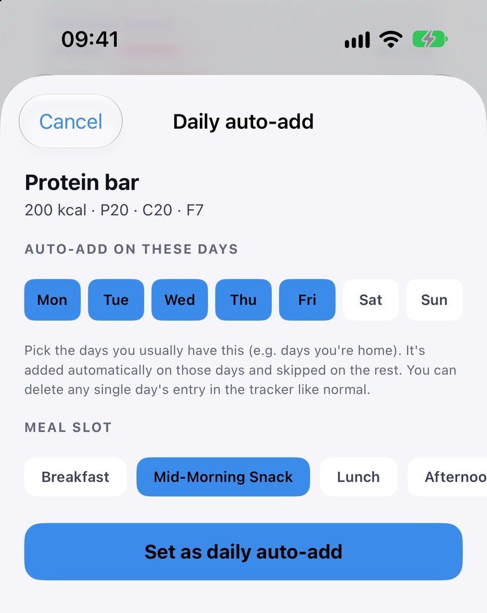 The Daily auto-add sheet for a Protein bar: AUTO-ADD ON THESE DAYS with Monday to Friday picked, a short note on how it works, MEAL SLOT with Mid-Morning Snack picked, and the Set as daily auto-add button.