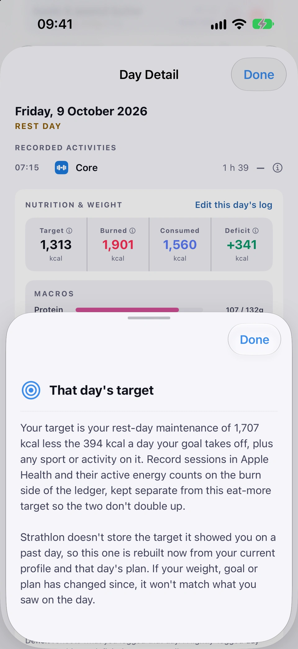 Day Detail for Friday 9 October, a rest day, showing its Target, Burned, Consumed and Deficit figures, with the sheet That day's target open over it: the target is that day's rest-day maintenance less what your goal takes off, plus any sport, and a past day's target is rebuilt from your current profile and that day's plan.