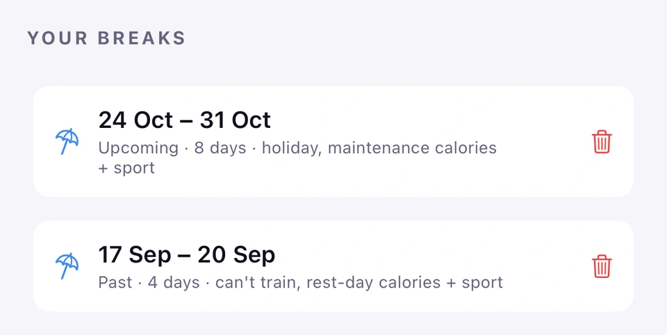 YOUR BREAKS in the break sheet: an upcoming holiday from 24 to 31 October and a past can't-train break from 17 to 20 September, each with its status line and a red trash icon to delete it.