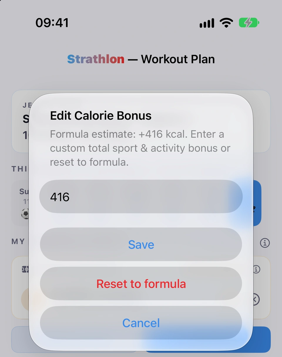 The Edit Calorie Bonus alert over the Plan tab's SPORT & ACTIVITY card: the Formula estimate line, a field holding the current bonus, and the Save, Reset to formula and Cancel buttons.