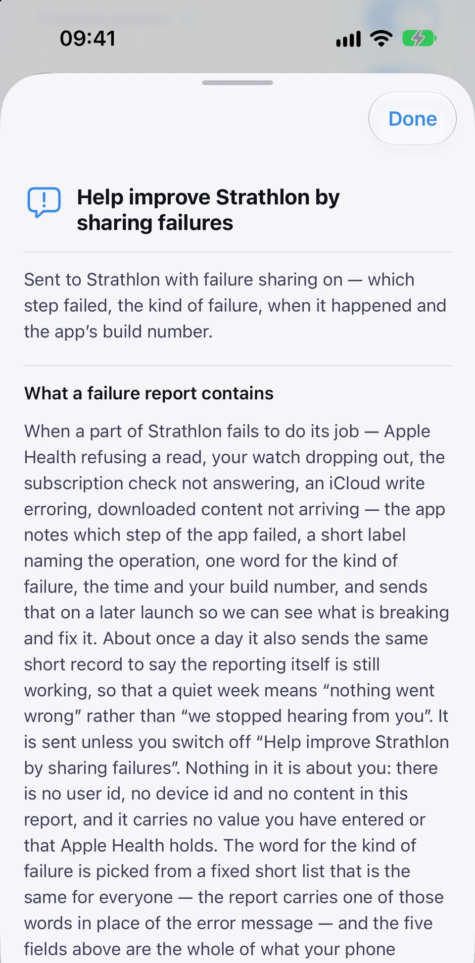The information sheet for Help improve Strathlon by sharing failures: what is sent with failure sharing on — which step failed, the kind of failure, when it happened and the app's build number — then What a failure report contains, which lists the kinds of failure it covers, says nothing in the report is about you and that it is sent unless you switch the setting off.