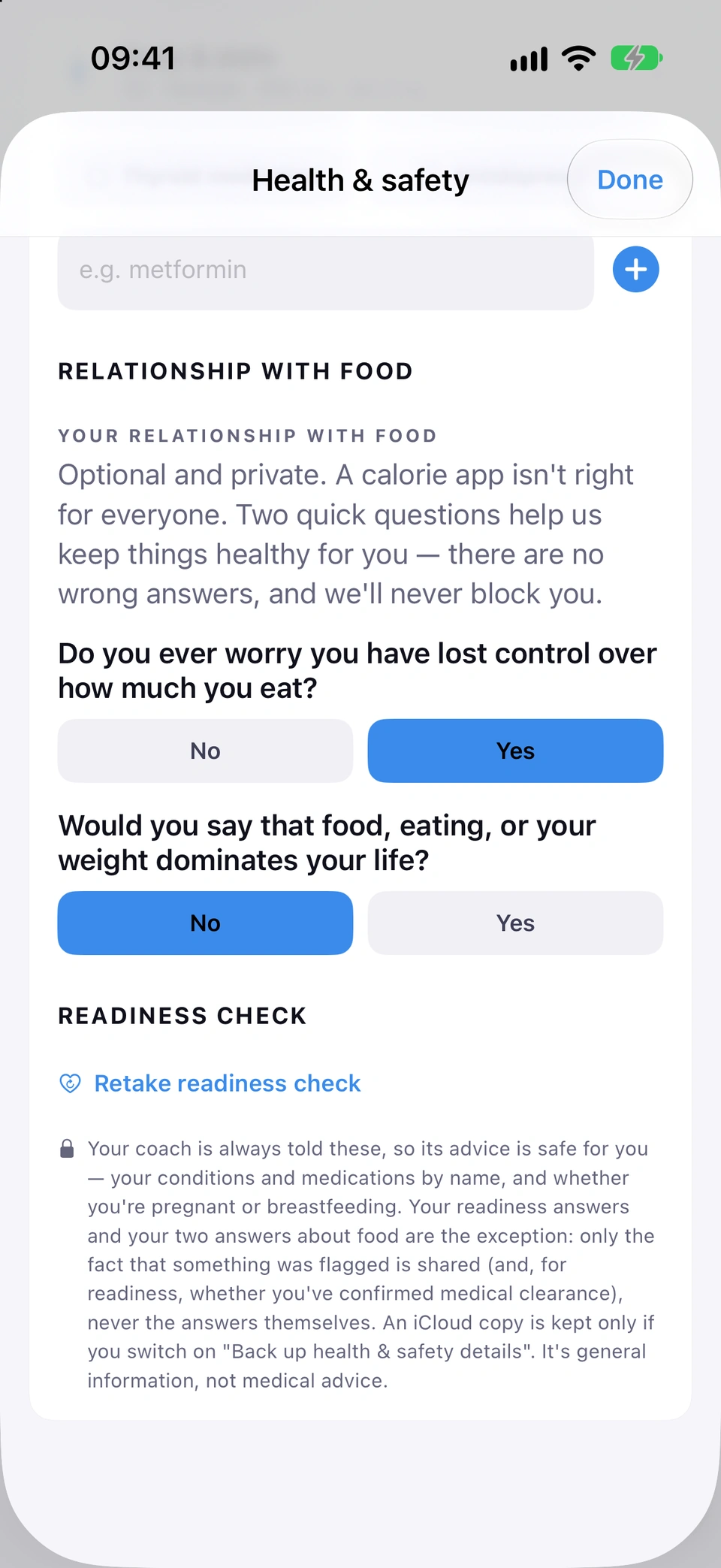 RELATIONSHIP WITH FOOD in Health & safety: two optional questions with No and Yes buttons, the first answered Yes, then the READINESS CHECK section with Retake readiness check and a note on what the coach is told.