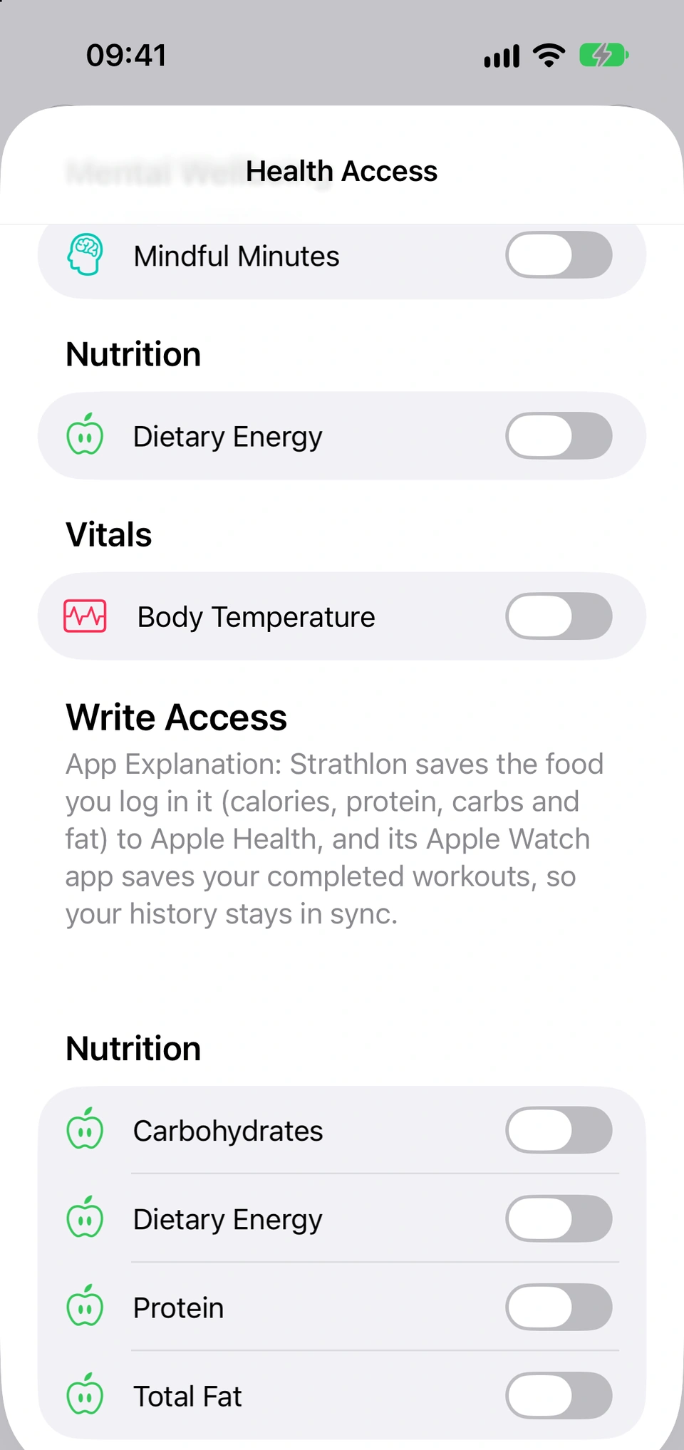 Apple's Health Access sheet for Strathlon, scrolled to Write Access: the explanation that Strathlon saves the food you log in it (calories, protein, carbs and fat) to Apple Health, and the Nutrition switches for Carbohydrates, Dietary Energy, Protein and Total Fat, still off until you turn them on.
