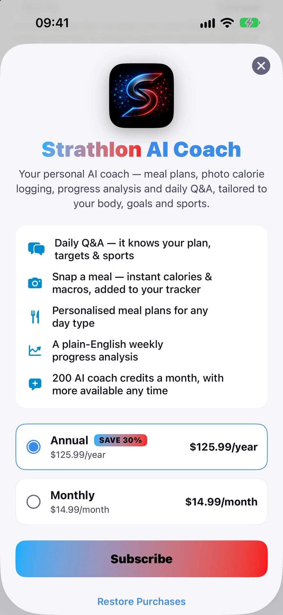 The Strathlon AI Coach upgrade screen for an Apple ID that is not eligible for the free trial: the feature list, then the Annual and Monthly plan cards showing only their prices with no free-trial wording, the button reading Subscribe, and Restore Purchases below.