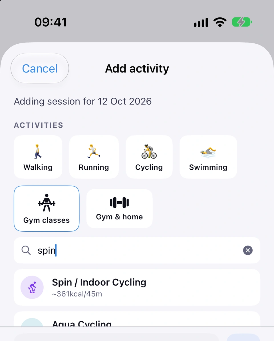 The Add activity sheet with Gym classes chosen and spin typed in the search box, listing Spin / Indoor Cycling with its estimated burn.