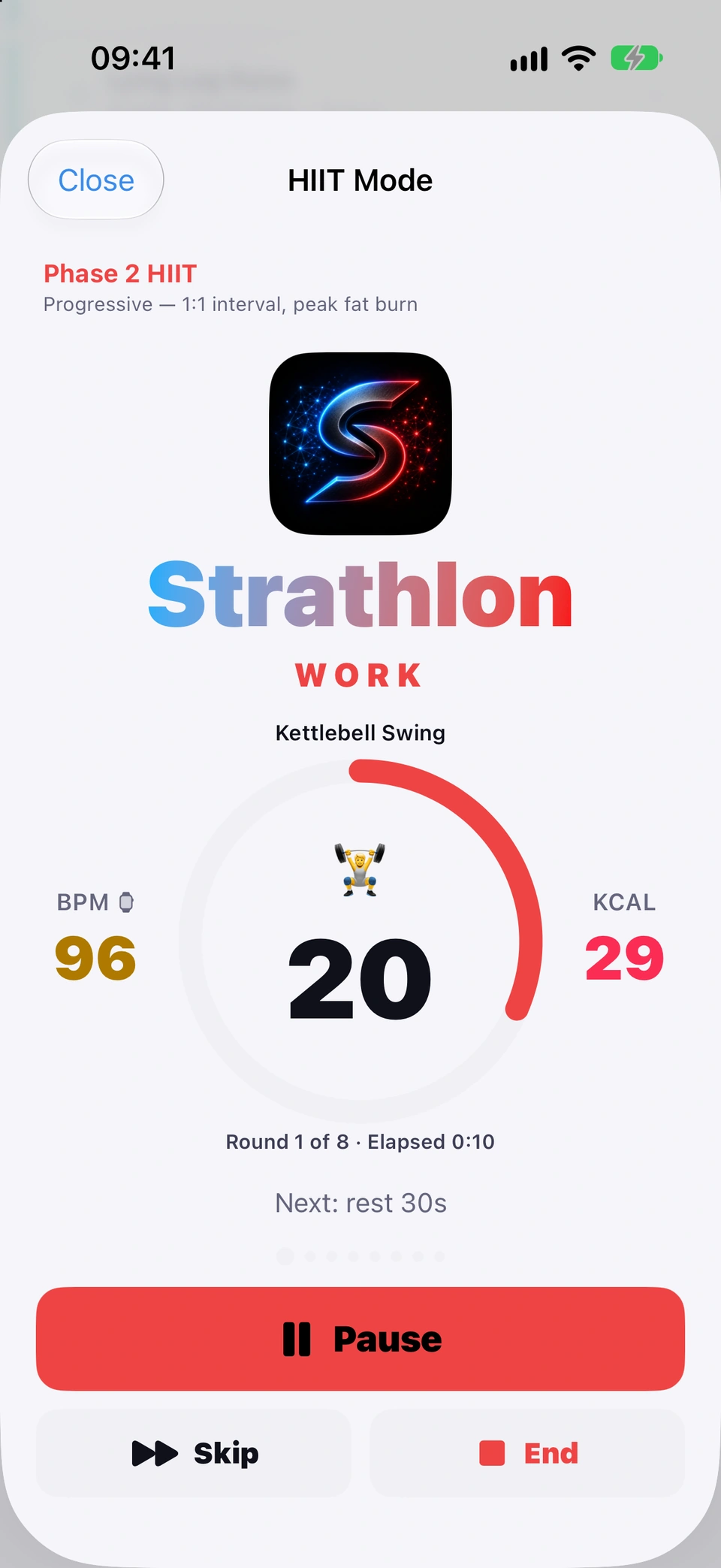 HIIT Mode on a Phase 2 HIIT: WORK on Kettlebell Swing, 20 seconds left on the red ring, heart rate and calories either side, Round 1 of 8, Next: rest 30s, and the Pause, Skip and End buttons.