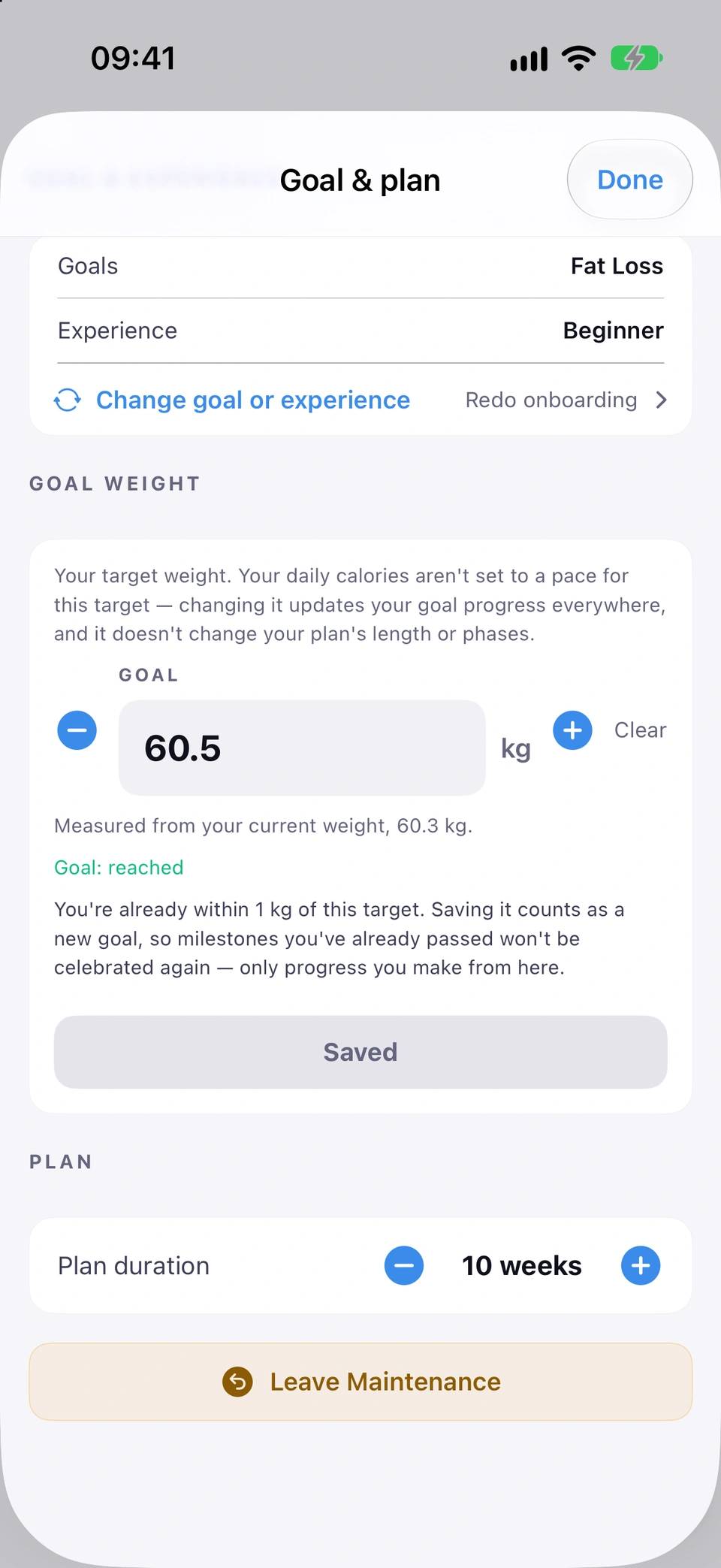 Goal & plan in Settings while in Maintenance: goals and experience, the GOAL WEIGHT box at 60.5 kg marked Goal: reached, the plan duration, and the Leave Maintenance button under PLAN.