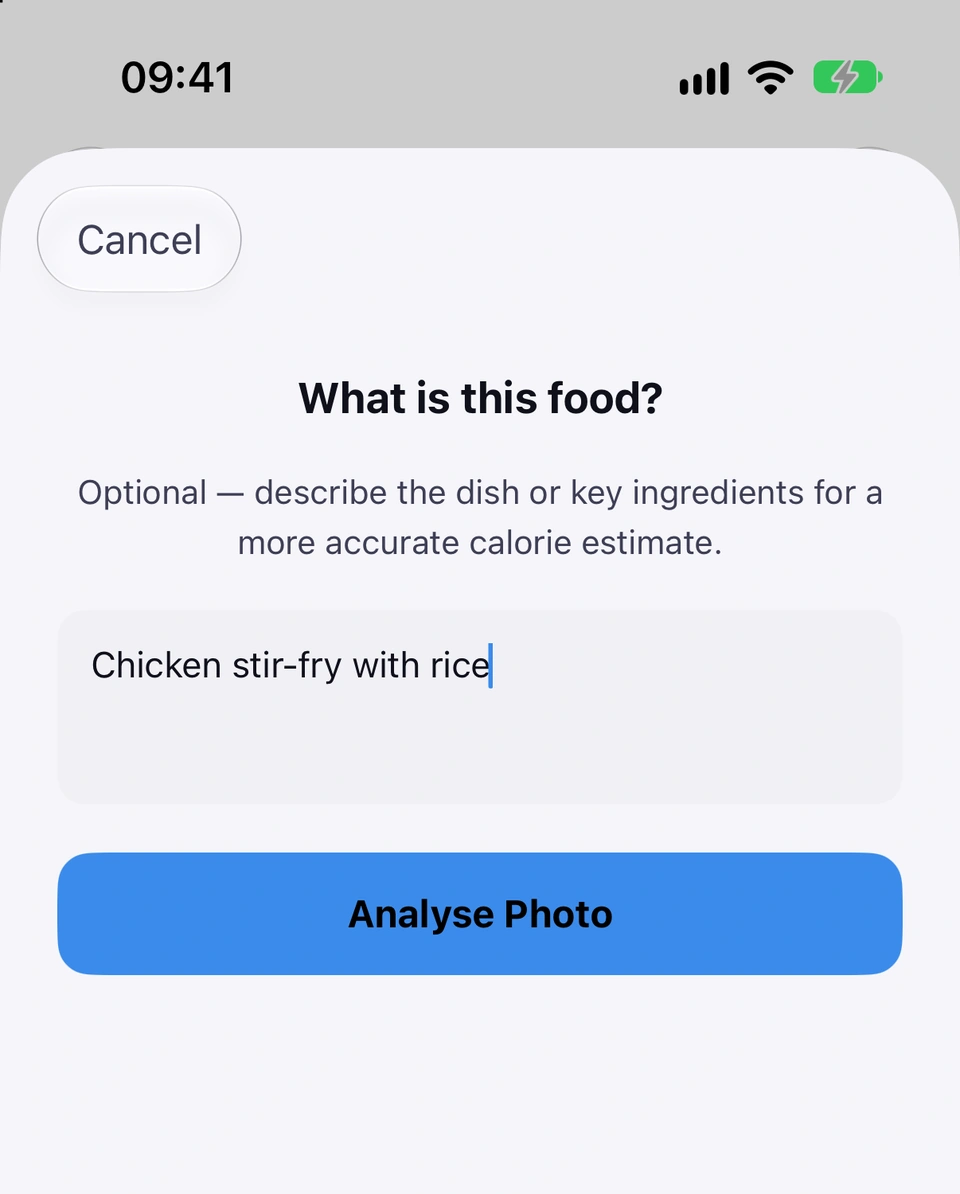 The What is this food? sheet after choosing a meal photo: an optional description box reading Chicken stir-fry with rice and the Analyse Photo button.