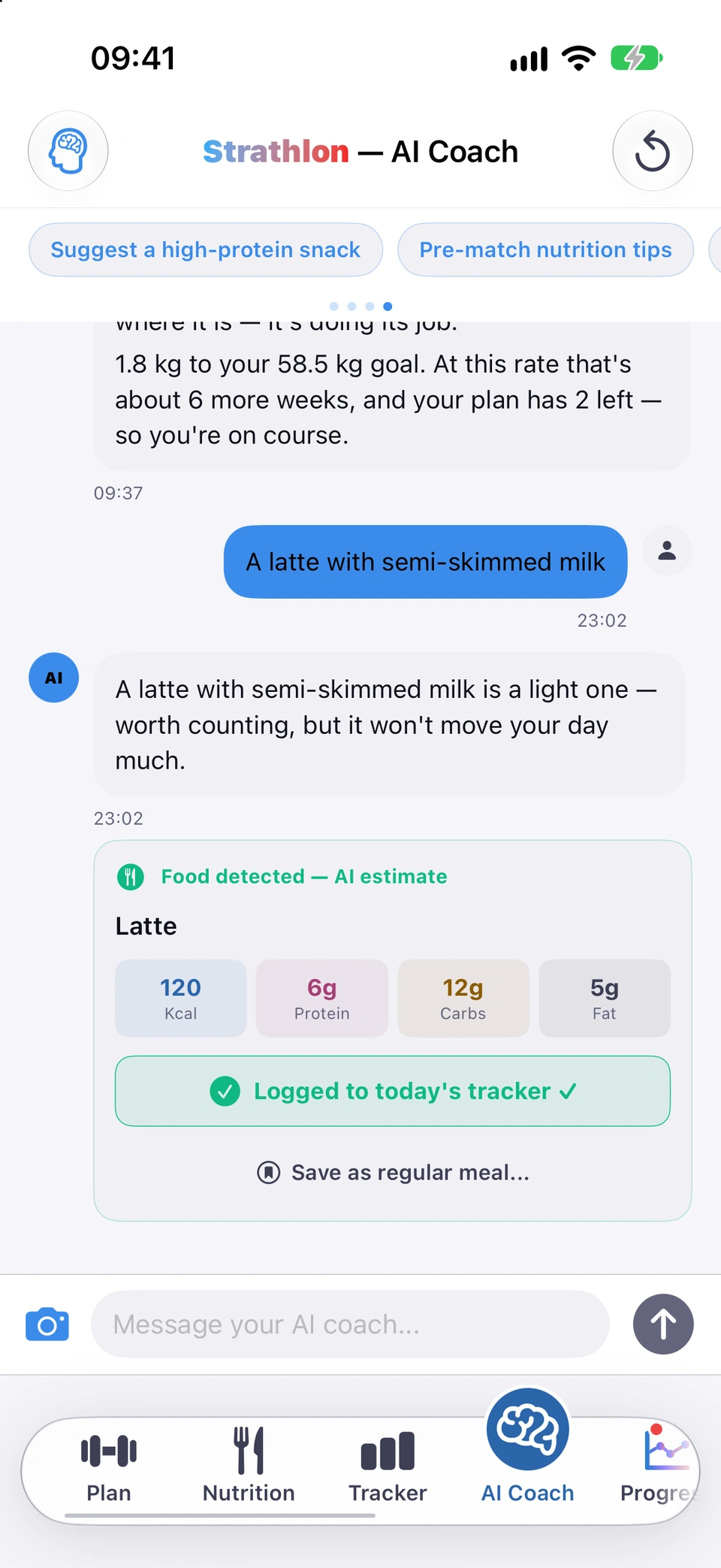 The AI Coach chat after typing A latte with semi-skimmed milk: the coach's short reply, then a Food detected — AI estimate card for a latte with calorie, protein, carbs and fat pills and a green Logged to today's tracker confirmation.