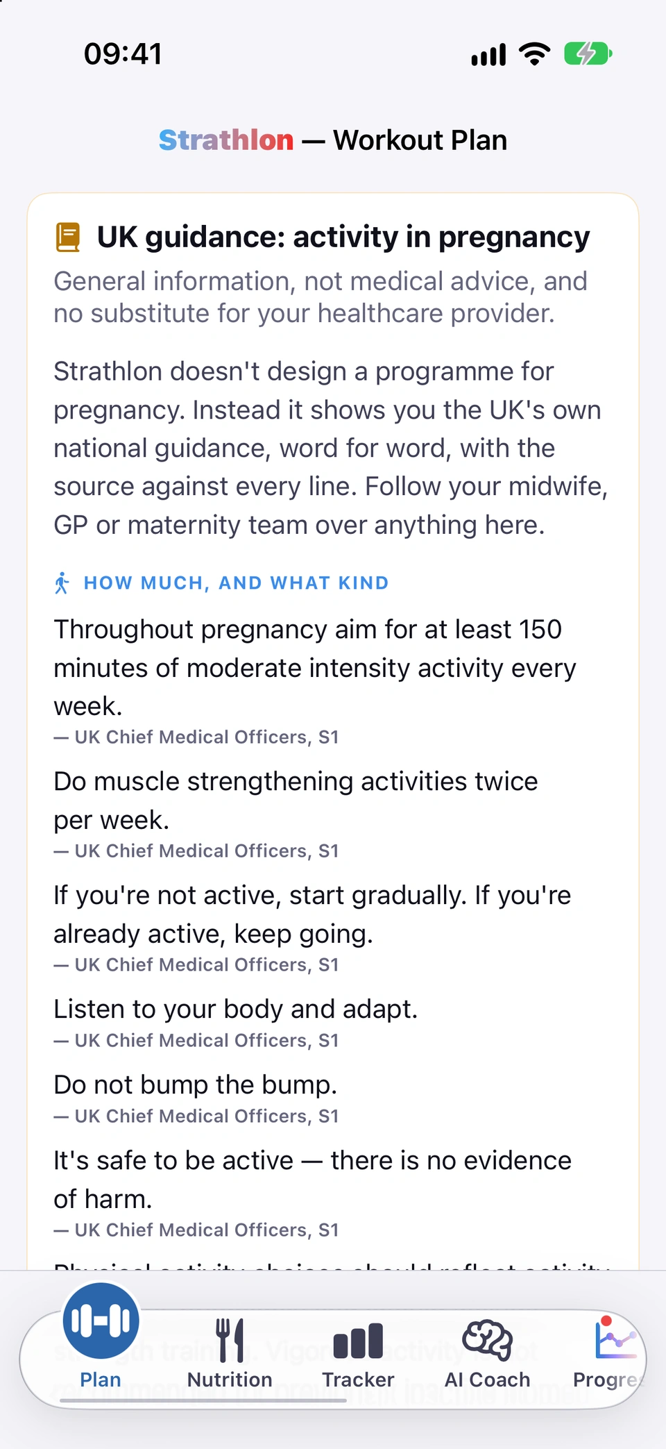 The Plan tab's UK guidance: activity in pregnancy card, general information and not medical advice, then HOW MUCH, AND WHAT KIND with each statement followed by its source, such as UK Chief Medical Officers, S1.