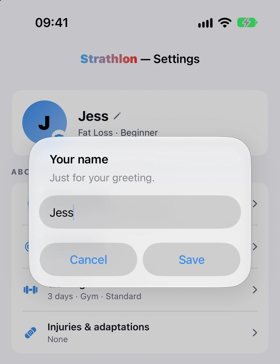 The top of Settings with the Your name alert open over the profile card: Just for your greeting., the Name field holding Jess, and Cancel and Save.
