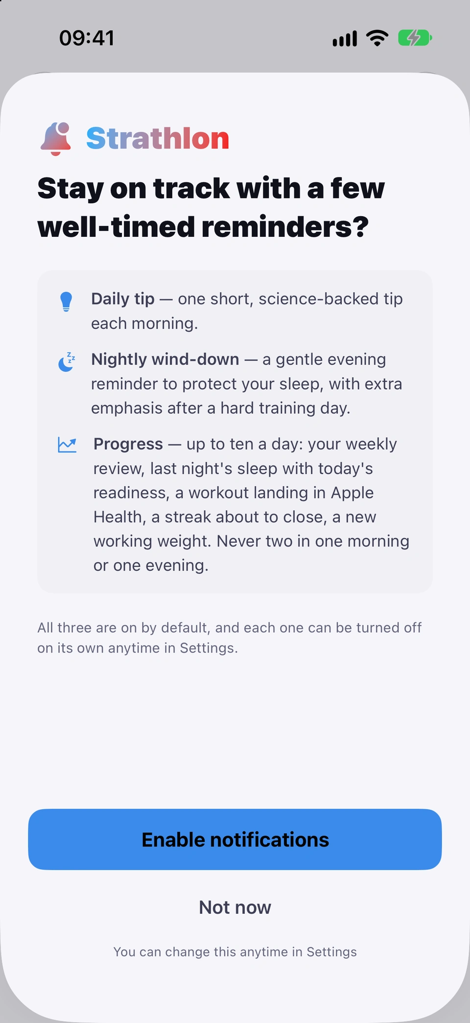 The notifications screen shown once as a sheet over the app: Stay on track with a few well-timed reminders?, explaining the daily tip, the nightly wind-down and progress notifications, that all three are on by default and each can be turned off in Settings, with Enable notifications and Not now.