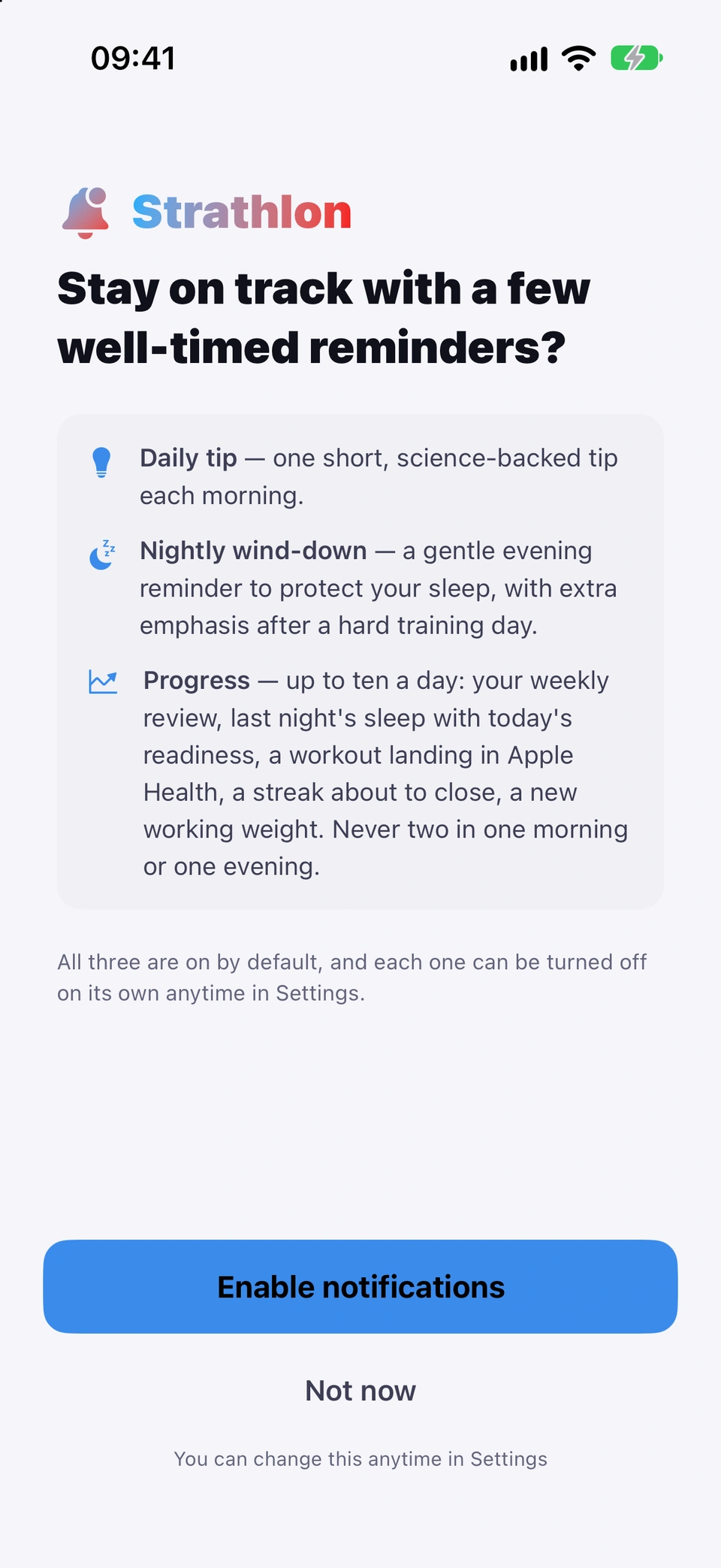 Stay on track with a few well-timed reminders?: the daily tip, the nightly wind-down and progress notifications explained, with Enable notifications and Not now.