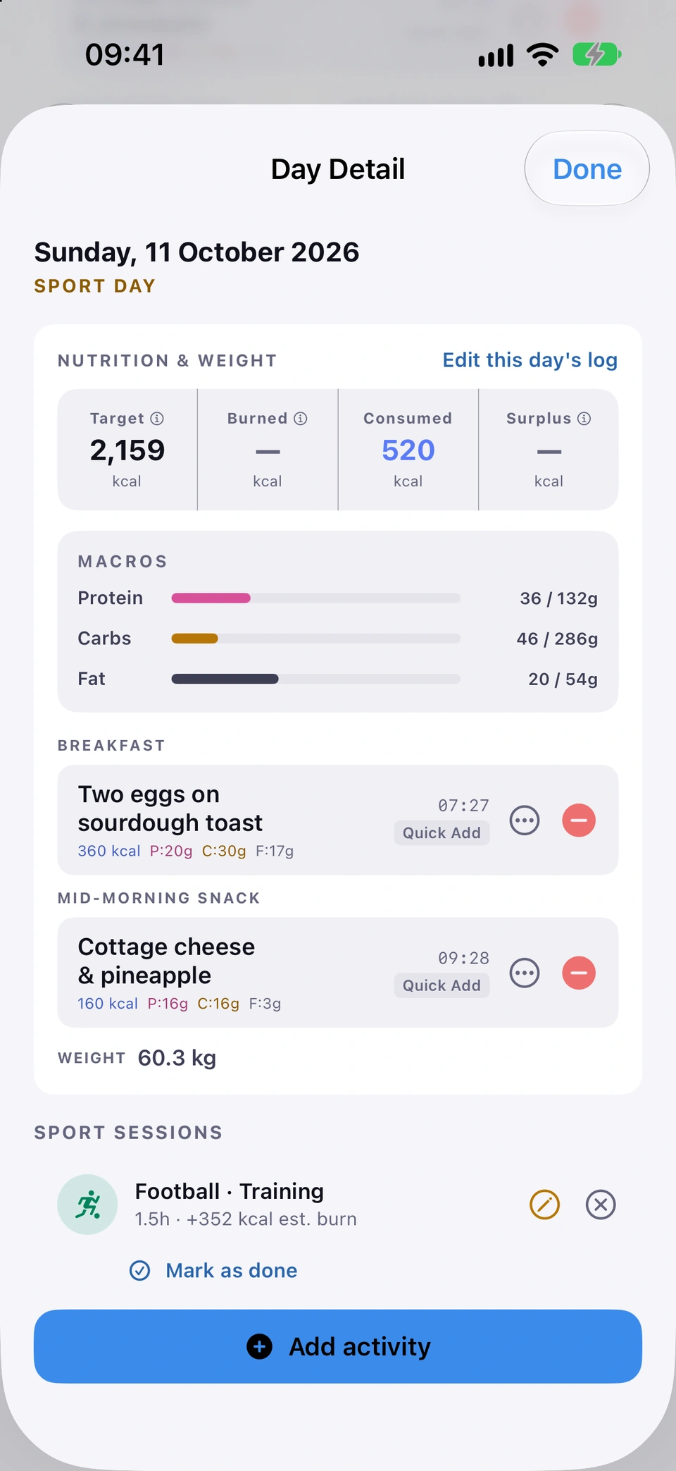 Day Detail for a sport day: the day's nutrition and weight, the foods logged, and under SPORT SESSIONS a planned Football training session of 1.5 hours with a Mark as done button, above Add activity.