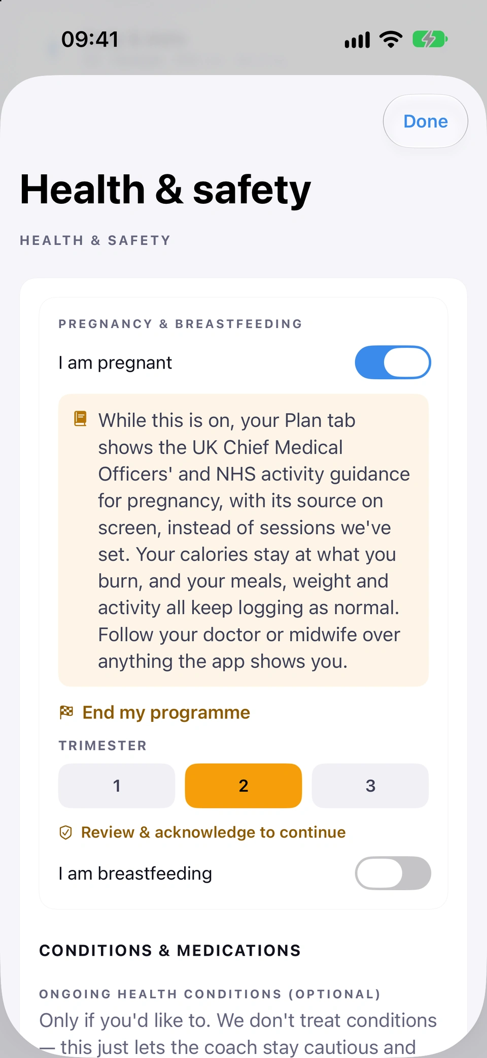 Health & safety in Settings with I am pregnant switched on: a note that the Plan tab now shows the UK Chief Medical Officers' and NHS activity guidance for pregnancy with its sources, End my programme, the trimester picker set to 2, Review & acknowledge to continue, and the I am breastfeeding switch.