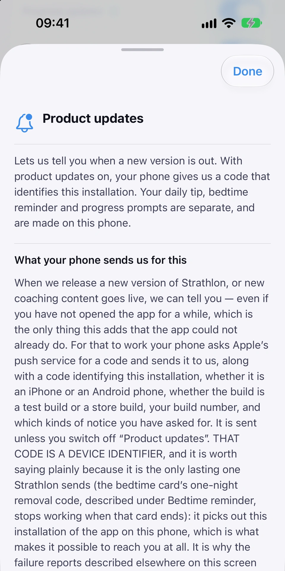The information sheet for Product updates: it lets Strathlon tell you when a new version is out; with it on, your phone gives Strathlon a code that identifies this installation, and your daily tip, bedtime reminder and progress prompts are separate and made on your phone. Below it, What your phone sends us for this explains that code in full.
