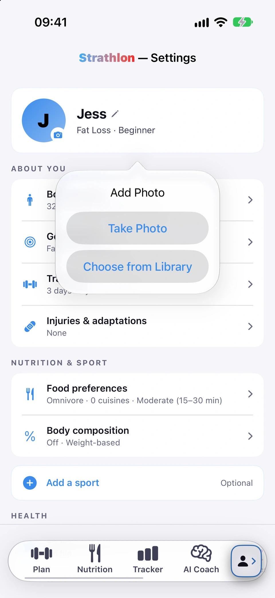 The top of Settings after tapping the profile photo: the Add Photo choices, Take Photo and Choose from Library, open beside the profile card with Jess's initial and the camera badge.