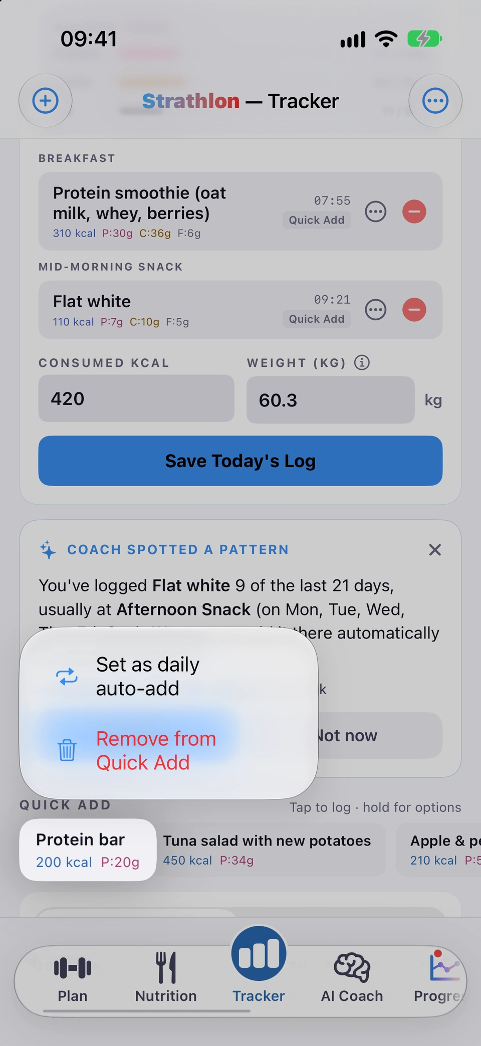 The QUICK ADD strip with a food held down, showing Set as daily auto-add and Remove from Quick Add.