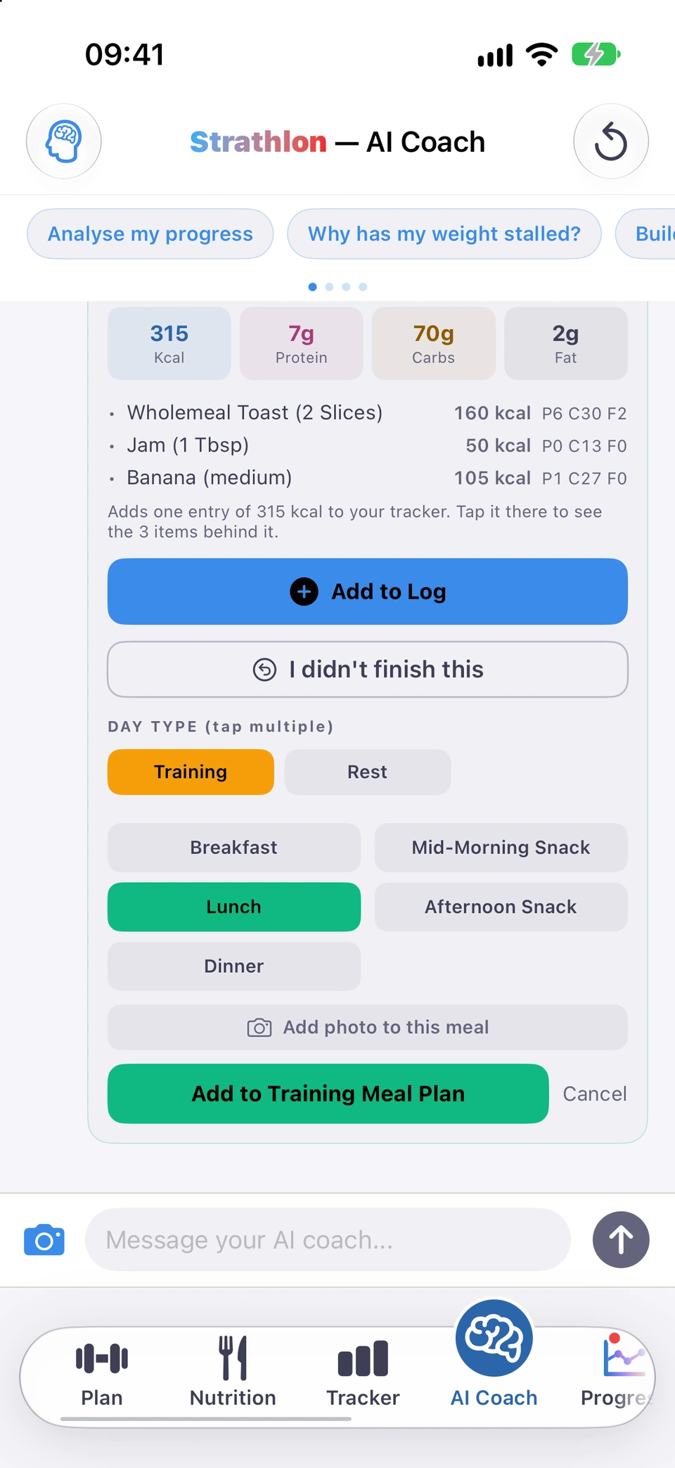 A food card for toast, jam and banana with its Save as regular meal picker open: DAY TYPE chips Training and Rest, meal-slot buttons from Breakfast to Dinner with Lunch picked, Add photo to this meal, and Add to Training Meal Plan.