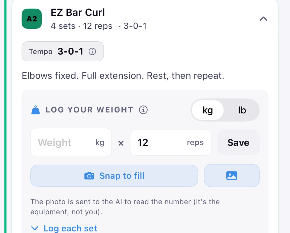 An open EZ Bar Curl card: under LOG YOUR WEIGHT, the weight and reps fields with Save, the Snap to fill button, and beside it the photo button, filled in blue because a photo has been saved for this exercise.