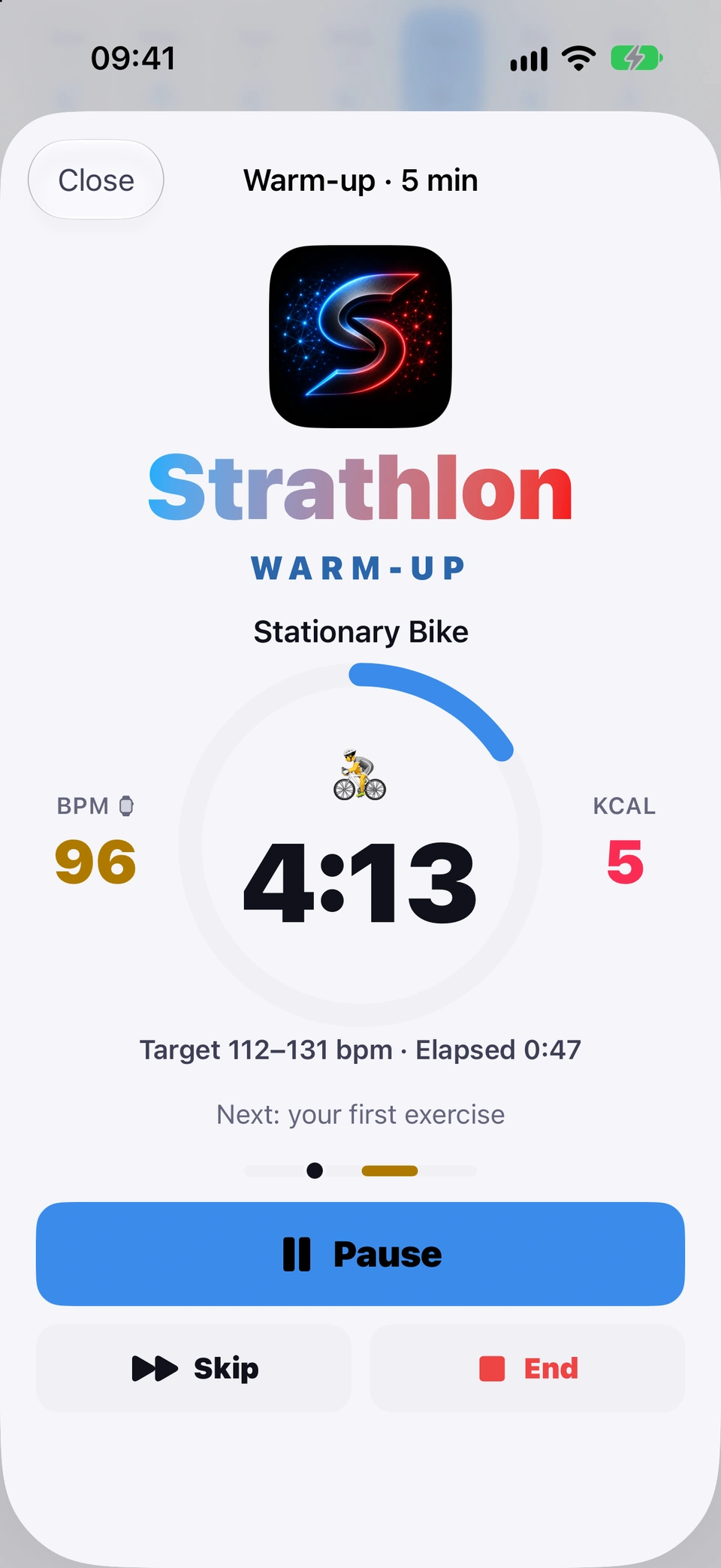 A warm-up running on the phone: Warm-up · 5 min on a stationary bike, 4:13 left on the countdown ring, heart rate 96 from the watch and 5 calories so far, Target 112–131 bpm · Elapsed 0:47, Next: your first exercise, and the Pause, Skip and End buttons.
