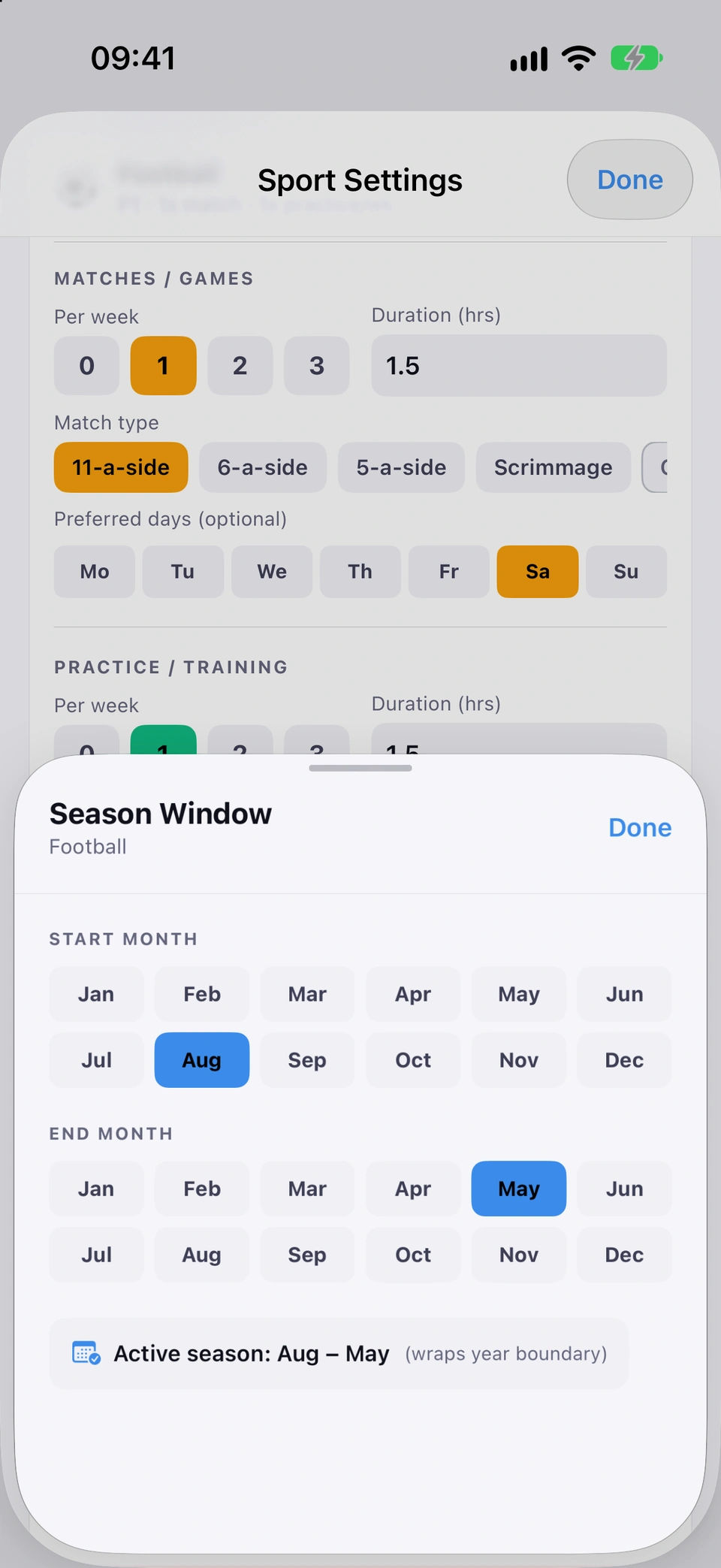 The Season Window sheet for Football, open over Sport Settings: START MONTH and END MONTH grids with August and May picked, and the line Active season: Aug – May (wraps year boundary).