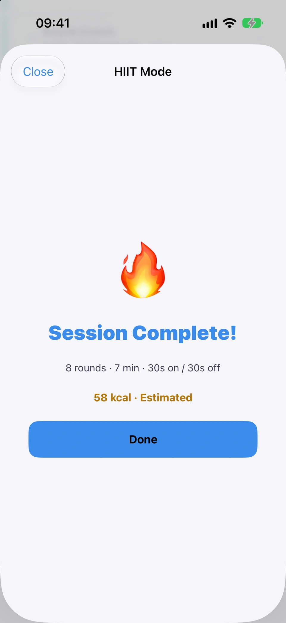 The Session Complete card: rounds done, minutes, and a calorie figure with its source (from your watch / estimated from heart rate / estimated), and a Done button.