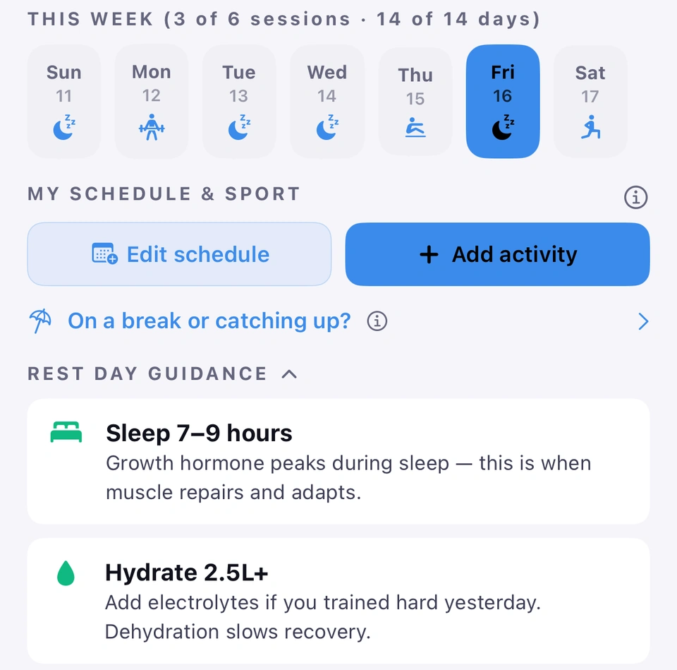 The Plan tab with Friday, a rest day, picked in the week strip and REST DAY GUIDANCE opened: the first card reads Sleep 7–9 hours, because growth hormone peaks during sleep when muscle repairs and adapts, followed by the hydration card.