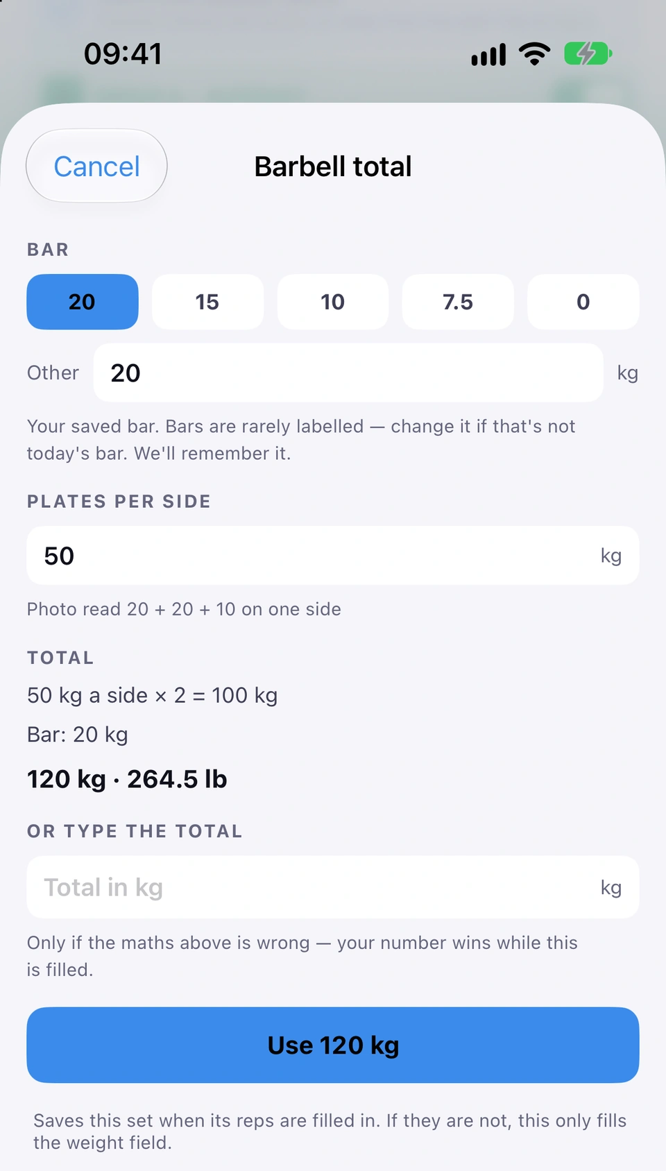 The Barbell total sheet after a photo of a loaded bar: the 20 kg bar selected, 50 kg of plates per side with Photo read 20 + 20 + 10 on one side, the total worked out as 50 kg a side × 2 = 100 kg plus the 20 kg bar, 120 kg · 264.5 lb, a field to type the total instead, and a Use 120 kg button.
