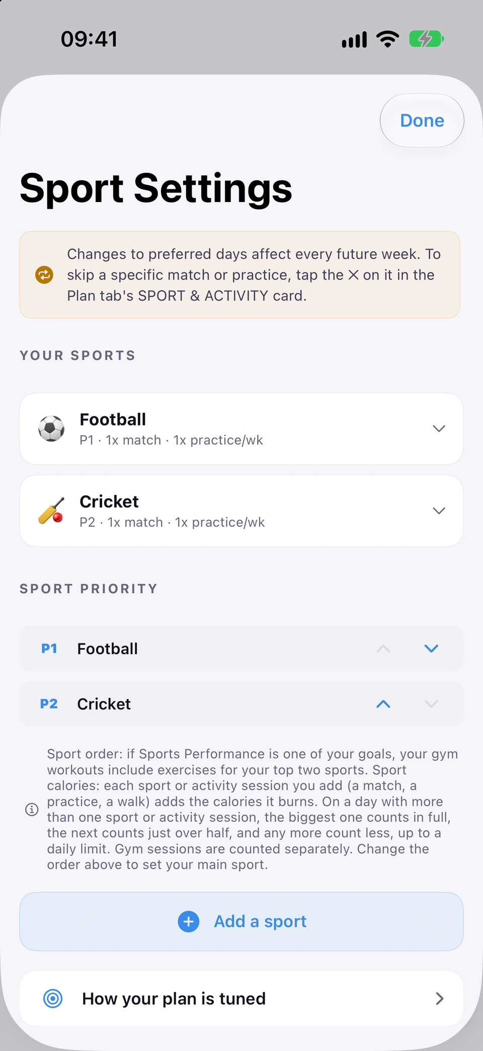 Sport Settings with two sports, Football and Cricket, and the SPORT PRIORITY list with Football as P1 and Cricket as P2, each with up and down arrows, and the note on how sport order is used.