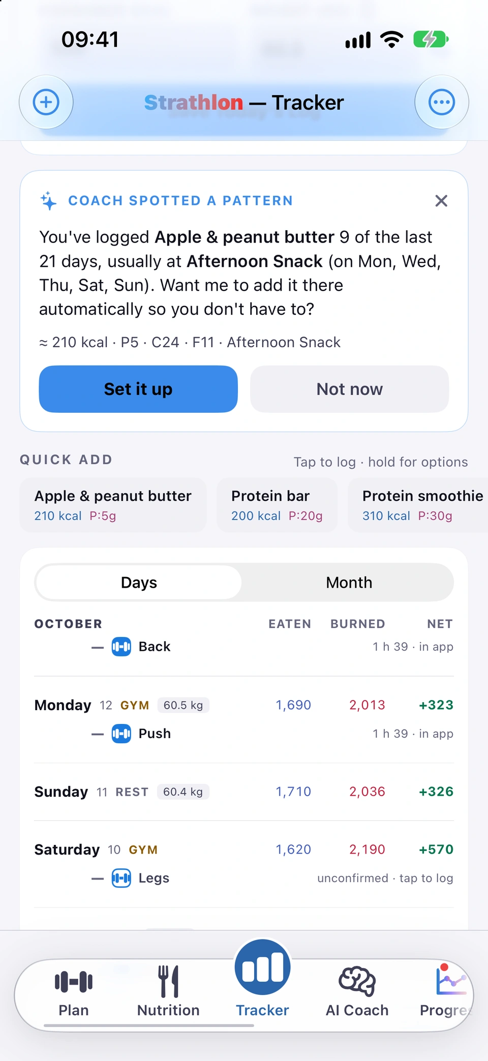 The Tracker tab scrolled partway down: a Coach spotted a pattern card, the Quick Add row and the start of the Days list, with Tracker highlighted in the tab bar at the bottom.