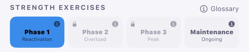 The four phase tiles under STRENGTH EXERCISES: Phase 1 · Reactivation highlighted as the phase being trained, Phase 2 · Overload and Phase 3 · Peak each greyed with a lock, and Maintenance · Ongoing, each with its ⓘ.