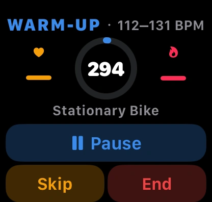 The watch a few seconds after a warm-up was started on the phone, with no tap on the wrist: WARM-UP · 112–131 BPM, 294 seconds left on the ring, dashes for heart rate and calories until the first readings arrive, Stationary Bike, and the Pause, Skip and End buttons.