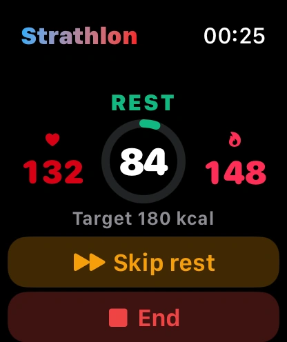 The watch during rest: REST with 84 seconds left on the ring, heart rate and calories, the session's calorie target, and the Skip rest and End buttons.