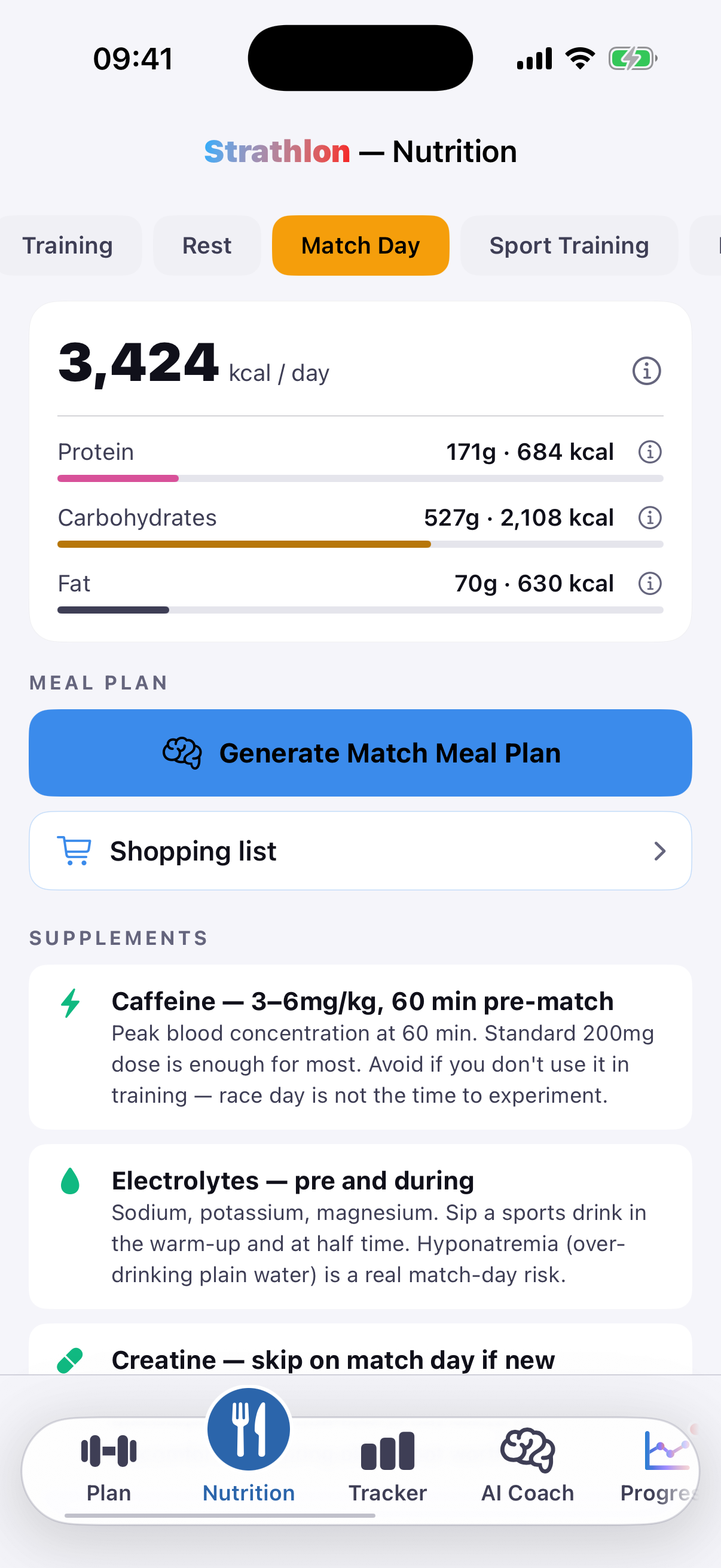 Strathlon's Nutrition tab showing boxing match-day calorie and macro targets.
