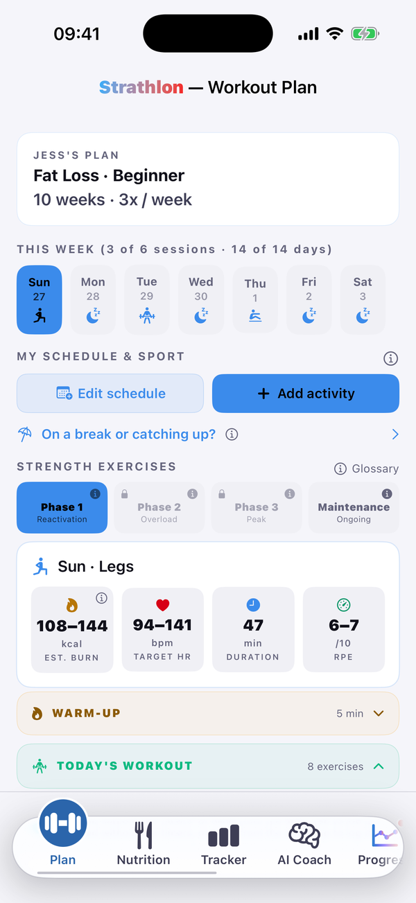 Strathlon Plan tab with the + Add activity button, used to log a training session so the day's calorie and carb targets adjust around it